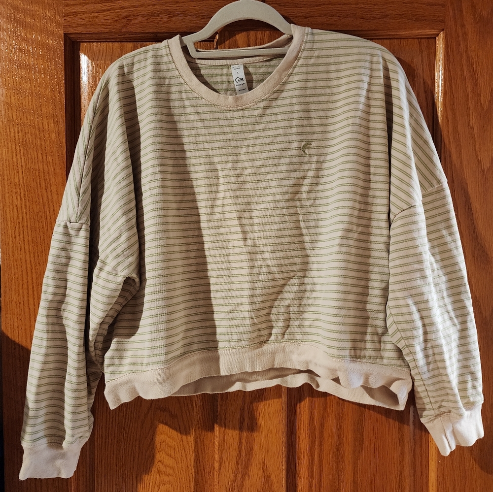 ZYIA Active Crop Sweatshirt Cream and Kiwi Green Striped 100% Cotton